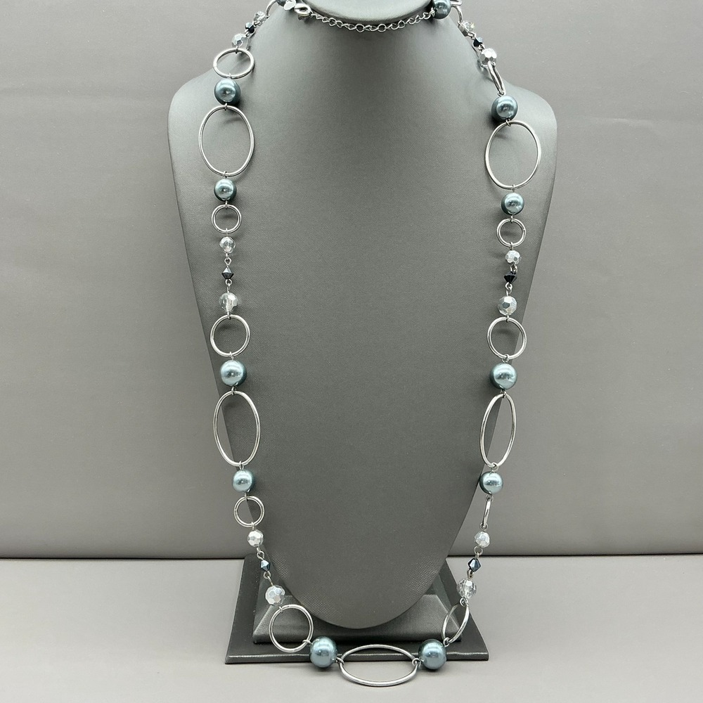 Lia Sophia Necklace Silver Tone Gray Faux Pearl Crystal Oval Link Station‎ 40"
